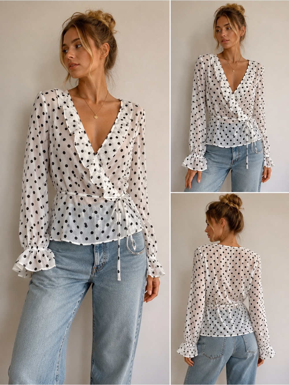 Résumé Mindy Polka Dot Sheer Wrap Blouse Size 34 (US XS/S) Ruffle Tie Front